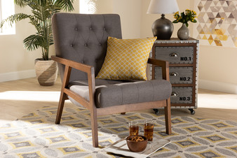 Naeva Mid-Century Modern Grey Fabric Upholstered Walnut Finished Wood Armchair BBT8040-Grey/Walnut-CC By Baxton Studio