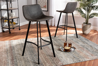 Tani Rustic Industrial Grey and Brown Faux Leather Upholstered Black Finished 2-Piece Metal Bar Stool Set T-18209-Greyish Brown/Black-BS By Baxton Studio