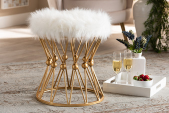 Leonie Glam and Luxe White Faux Fur Upholstered Gold Finished Metal Ottoman FJ5A-025-White/Gold-Otto By Baxton Studio
