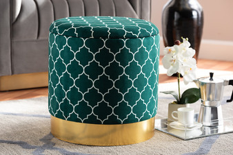 Serra Glam and Luxe Teal Green Quatrefoil Velvet Fabric Upholstered Gold Finished Metal Storage Ottoman JY19A257-Teal/Gold-Otto By Baxton Studio
