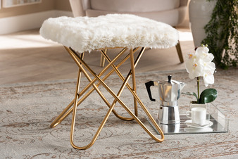 Valle Glam and Luxe White Faux Fur Upholstered Gold Finished Metal Ottoman JY19A262-White/Gold-Otto By Baxton Studio