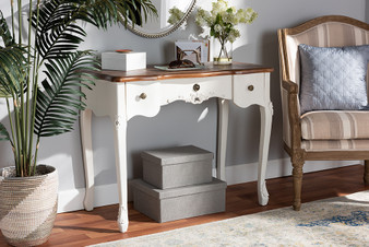 Sophie Classic Traditional French Country White and Brown Finished Small 3-Drawer Wood Console Table 132050-White-Console By Baxton Studio