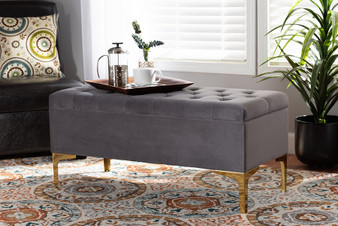 Valere Glam and Luxe Grey Velvet Fabric Upholstered Gold Finished Button Tufted Storage Ottoman WS-H68-GD-Grey Velvet/Gold-Otto By Baxton Studio
