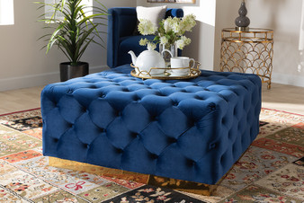 Verene Glam and Luxe Royal Blue Velvet Fabric Upholstered Gold Finished Square Cocktail Ottoman TSF-6690-Royal Blue/Gold-Otto By Baxton Studio