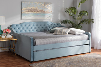 Freda Transitional and Contemporary Light Blue Velvet Fabric Upholstered and Button Tufted Full Size Daybed with Trundle Freda-Light Blue Velvet-Daybed-F/T By Baxton Studio