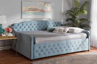 Freda Transitional and Contemporary Light Blue Velvet Fabric Upholstered and Button Tufted Queen Size Daybed Freda-Light Blue Velvet-Daybed-Queen By Baxton Studio