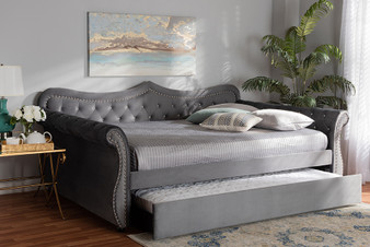 Abbie Traditional and Transitional Grey Velvet Fabric Upholstered and Crystal Tufted Queen Size Daybed with Trundle Abbie-Grey Velvet-Daybed-Q/T By Baxton Studio