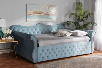 Abbie Traditional and Transitional Light Blue Velvet Fabric Upholstered and Crystal Tufted Queen Size Daybed Abbie-Light Blue Velvet-Daybed-Queen By Baxton Studio