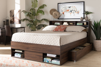 Tristan Modern and Contemporary Walnut Brown Finished Wood 1-Drawer Queen Size Platform Storage Bed with Shelves SEBED13017026-Columbia-Queen By Baxton Studio