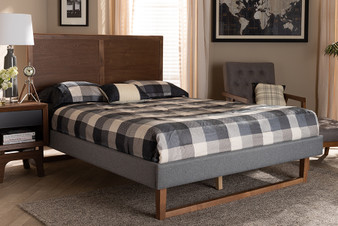 Allegra Mid-Century Modern Dark Grey Fabric Upholstered and Ash Walnut Brown Finished Wood Queen Size Platform Bed Allegra-Dark Grey/Ash Walnut-Queen By Baxton Studio