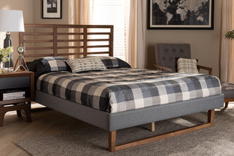 Rina Modern and Contemporary Dark Grey Fabric Upholstered and Ash Walnut Brown Finished Wood Queen Size Platform Bed Rina-Dark Grey/Ash Walnut-Queen By Baxton Studio