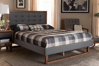 Emele Modern Transitional Dark Grey Fabric Upholstered and Ash Walnut Brown Finished Wood Queen Size Platform Bed Emele-Dark Grey/Ash Walnut-Queen By Baxton Studio