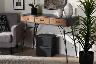 Ariana Modern and Contemporary Industrial Black and Oak Brown Finished Wood 3-Drawer Metal Console Table JY1912-Medium Oak/Black-Console By Baxton Studio