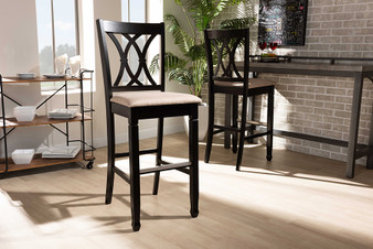 Calista Modern and Contemporary Sand Fabric Upholstered and Espresso Brown Finished Wood 2-Piece Bar Stool Set RH316B-Sand/Dark Brown-BS By Baxton Studio