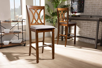 Calista Modern and Contemporary Grey Fabric Upholstered and Walnut Brown Finished Wood 2-Piece Bar Stool Set RH316B-Grey/Walnut-BS By Baxton Studio