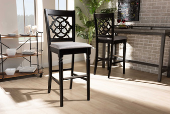 Alexandra Modern and Contemporary Grey Fabric Upholstered and Espresso Brown Finished Wood 2-Piece Bar Stool Set RH322B-Grey/Dark Brown-BS By Baxton Studio