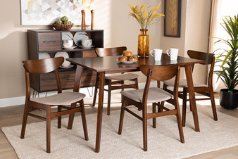 Orion Mid-Century Modern Transitional Light Beige Fabric Upholstered and Walnut Brown Finished Wood 5-Piece Dining Set Parlin/Fiesta-Latte/Walnut-5PC Dining Set By Baxton Studio