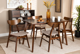 Lois Mid-Century Modern Transitional Light Beige Fabric Upholstered and Walnut Brown Finished Wood 5-Piece Dining Set Danica/Fiesta-Latte/Walnut-5PC Dining Set By Baxton Studio