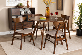 Timothy Mid-Century Modern Transitional Light Beige Fabric Upholstered and Walnut Brown Finished Wood 5-Piece Dining Set Danica/Hexa-Latte/Walnut-5PC Dining Set By Baxton Studio