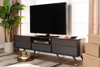 Naoki Modern and Contemporary Two-Tone Grey and Walnut Finished Wood TV Stand with Drop-Down Compartments LV15TV15130-Columbia/Dark Grey-TV By Baxton Studio