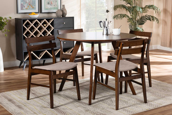 Eiko Mid-Century Modern Transitional Light Beige Fabric Upholstered and Walnut Brown Finished Wood 5-Piece Dining Set Delvin/Hexa-Latte/Walnut-5PC Dining Set By Baxton Studio