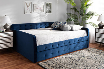 Jona Modern and Contemporary Transitional Navy Blue Velvet Fabric Upholstered and Button Tufted Queen Size Daybed with Trundle CF9183-Navy Blue-Daybed-Q/T By Baxton Studio