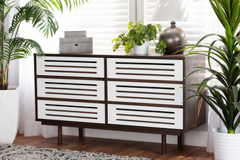 Meike Mid-Century Modern Two-Tone Walnut Brown and White Finished Wood 6-Drawer Dresser LV14COD14232WI-Columbia/White-6DW-Dresser By Baxton Studio