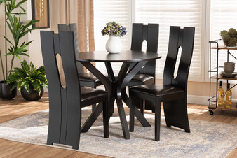 Cian Modern and Contemporary Dark Brown Faux Leather Upholstered and Dark Brown Finished Wood 5-Piece Dining Set Cian-Dark Brown-5PC Dining Set By Baxton Studio