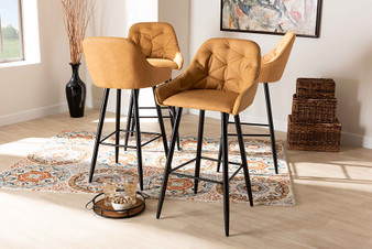 Catherine Modern and Contemporary Tan Faux Leather Upholstered and Black Metal 4-Piece Bar Stool Set BA-9-Tan/Black-BS By Baxton Studio