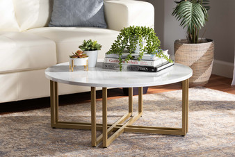 Maeve Modern and Contemporary Gold Finished Metal Coffee Table With Faux Marble Tabletop WS-12222-CT By Baxton Studio