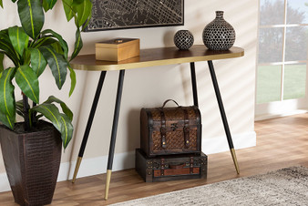 Lauro Modern and Contemporary Walnut Wood Finished and Two-Tone Gold and Black Metal Console Table RS1210-W-Console By Baxton Studio