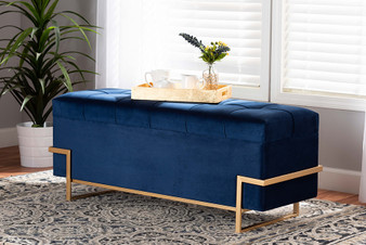 Parker Glam and Luxe Navy Blue Velvet Upholstered and Gold Metal Finished Storage Ottoman  JY20A122L-Navy Blue/Gold-Storage Otto By Baxton Studio