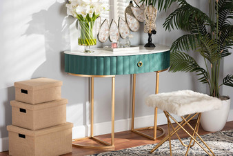 Beale Luxe and Glam Green Velvet Upholstered and Brushed Gold Finished 1-Drawer Console Table with Faux Marble Tabletop JY20A157-Green/Gold-Console By Baxton Studio