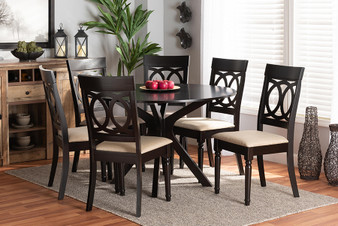 Jessie Modern and Contemporary Sand Fabric Upholstered and Dark Brown Finished Wood 7-Piece Dining Set Jessie-Sand/Dark Brown-7PC Dining Set By Baxton Studio