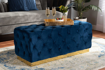Corrine Glam and Luxe Navy Blue Velvet Fabric Upholstered and Gold PU Leather Ottoman WS-4228-Navy Blue Velvet/Gold-Otto By Baxton Studio