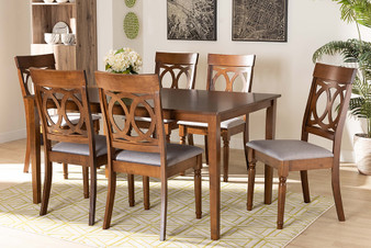 Lucie Modern and Contemporary Grey Fabric Upholstered and Walnut Brown Finished Wood 7-Piece Dining Set RH333C-Grey/Walnut-DC-7PC Dining Set By Baxton Studio