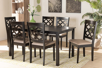 Ramiro Modern and Contemporary Sand Fabric Upholstered and Dark Brown Finished Wood 7-Piece Dining Set RH336C-Sand/Dark Brown-7PC Dining Set By Baxton Studio