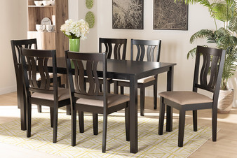 Fenton Modern and Contemporary Sand Fabric Upholstered and Dark Brown Finished Wood 7-Piece Dining Set RH338C-Sand/Dark Brown-7PC Dining Set By Baxton Studio