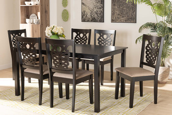 Gervais Modern and Contemporary Sand Fabric Upholstered and Dark Brown Finished Wood 7-Piece Dining Set RH339C-Sand/Dark Brown-7PC Dining Set By Baxton Studio