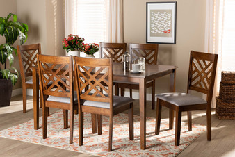 Caron Modern and Contemporary Grey Fabric Upholstered and Walnut Brown Finished Wood 7-Piece Dining Set RH317C-Grey/Walnut-DC-7PC Dining Set By Baxton Studio