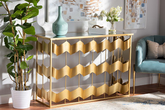 Vega Glam and Luxe Gold Finished Metal and Mirrored Glass Geometric Console Table JY20A258-Gold-Console By Baxton Studio