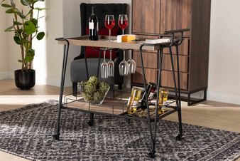 Perilla Modern Rustic and Industrial Oak Brown Finished Wood and Black Finished Metal 2-Tier Wine Serving Cart YLX-2804WR-Cart By Baxton Studio