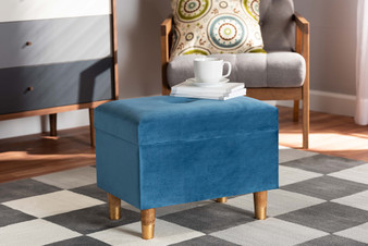 Elias Modern and Contemporary Sky Blue Velvet Fabric Upholstered and Oak Brown Finished Wood Storage Ottoman JY20A250-Sky Blue Velvet-Otto By Baxton Studio