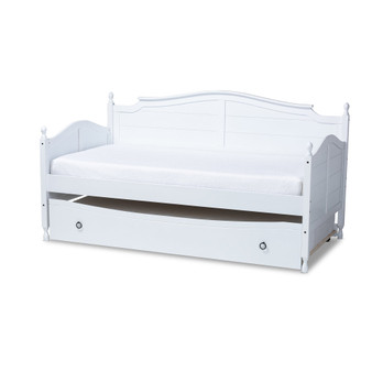 Mara Cottage Farmhouse White Finished Wood Twin Size Daybed With Roll-Out Trundle Bed MG0030-White-Daybed By Baxton Studio