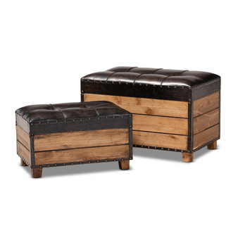 Marelli Rustic Dark Brown Faux Leather Upholstered 2-Piece Wood Storage Trunk Ottoman Set JY17A053-Dark Brown-2PC Trunk Set By Baxton Studio
