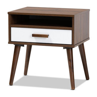Quinn Mid-Century Modern Two-Tone White And Walnut Finished 1-Drawer Wood End Table ET8002-Columbia Walnut/White-ET By Baxton Studio
