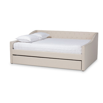Haylie Modern And Contemporary Beige Fabric Upholstered Queen Size Daybed With Roll-Out Trundle Bed CF9046-Beige-Daybed-Q/T By Baxton Studio
