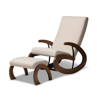 Kaira Modern And Contemporary 2-Piece Light Beige Fabric Upholstered And Walnut-Finished Wood Rocking Chair And Ottoman Set BBT5317-Light Beige-Otto-Set By Baxton Studio