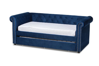 Mabelle Modern And Contemporary Navy Blue Velvet Upholstered Daybed With Trundle Ashley-Navy Blue-Daybed By Baxton Studio