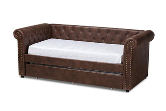 Mabelle Modern And Contemporary Brown Faux Leather Upholstered Daybed With Trundle Ashley-Brown-Daybed By Baxton Studio
